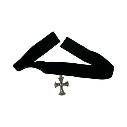 Vintage Deadstock 90s Y2K Silver Cross Gem Stone Grunge Gothic Velvet Choker
