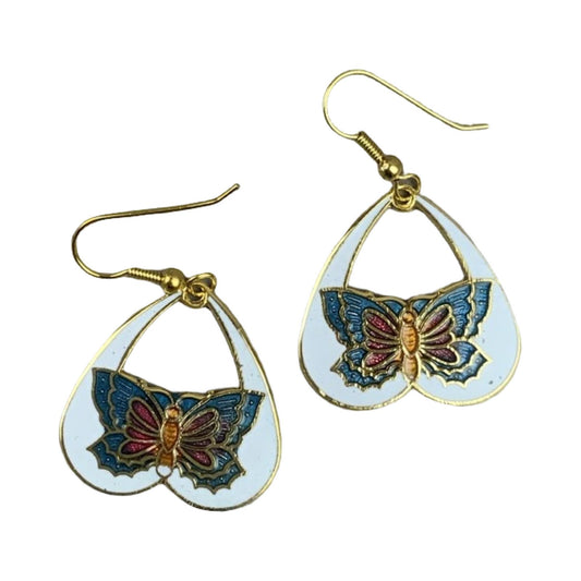 VTG 90S WHITE BLUE RED ORANGE BUTTERFLY ENAMEL CLOISONNE DROP EARRINGS ENV1