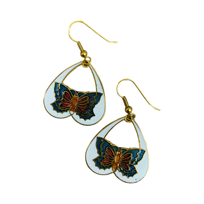 VTG 90S WHITE BLUE RED ORANGE BUTTERFLY ENAMEL CLOISONNE DROP EARRINGS ENV1