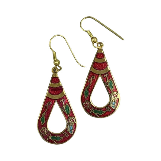 VTG 90S RED GOLD GREEN ART DECO ENAMEL FLORAL TEARDROP DANGLE EARRINGS ENV9