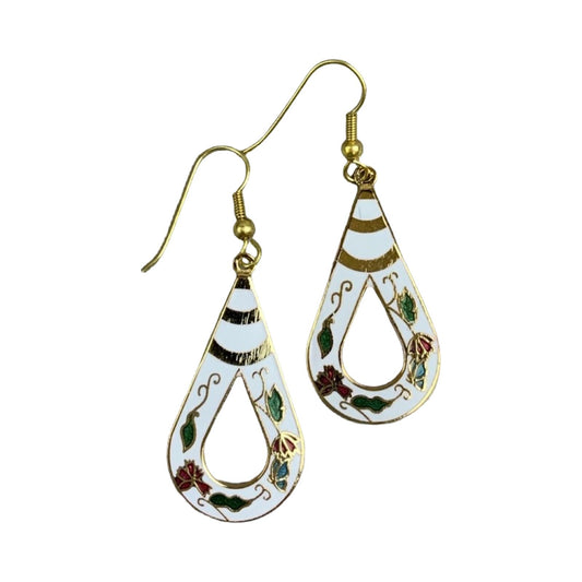VTG 90S WHITE GOLD RED GREEN TEARDROP ENAMEL ART DECO FLORAL DROP EARRINGS ENV9