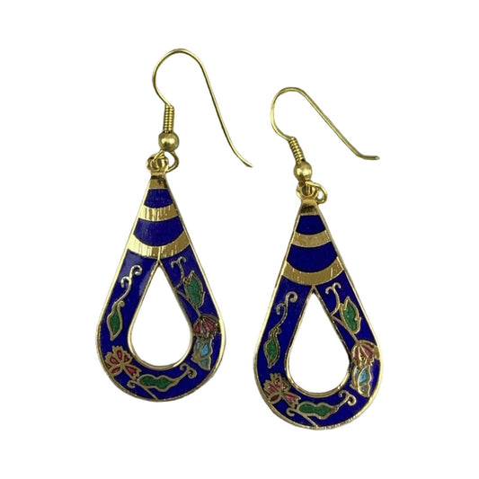 VTG 90S NAVY BLUE GREEN REDN GOLD ENAMEL FLORAL ART DECO TEARDROP EARRINGS ENV9