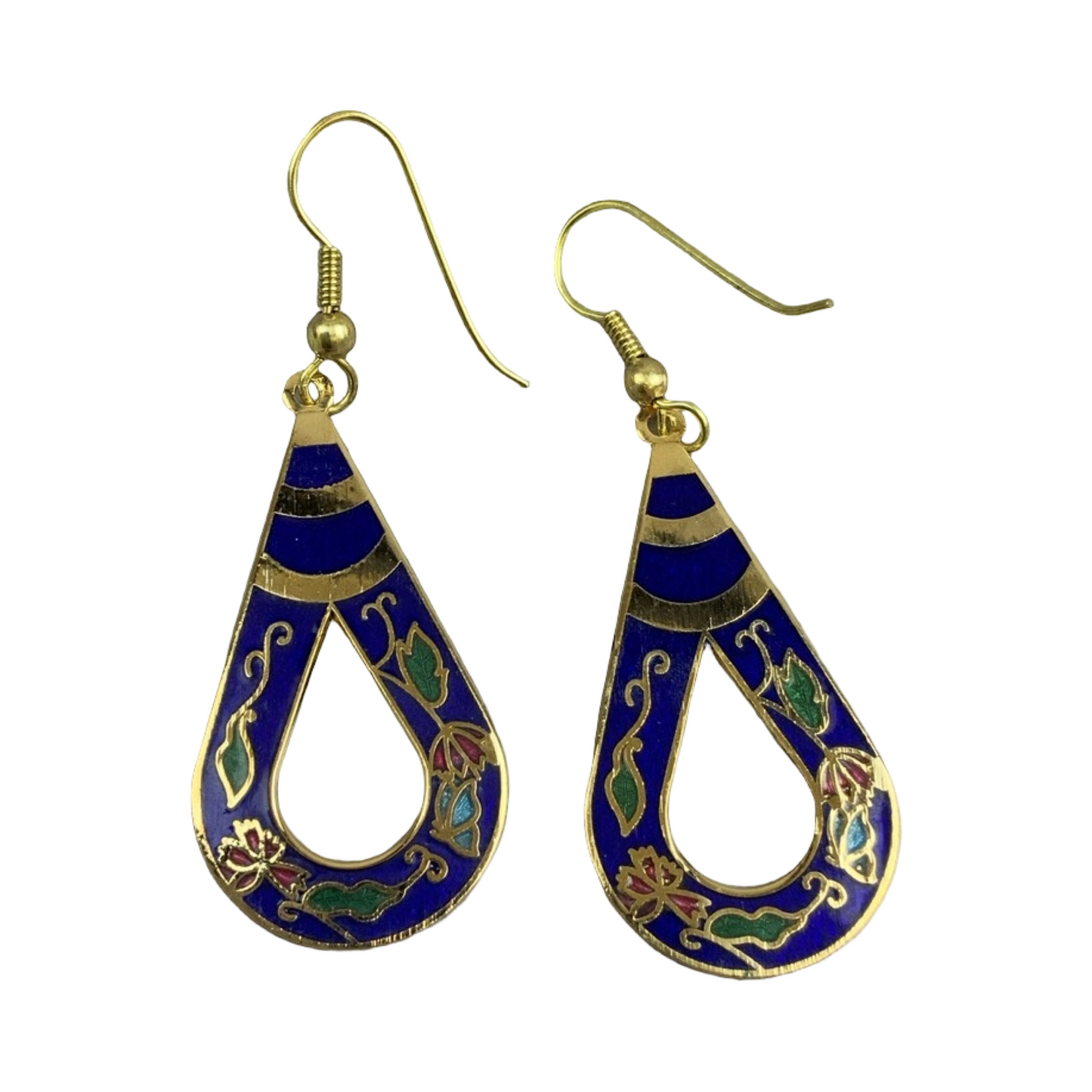 VTG 90S NAVY BLUE GREEN REDN GOLD ENAMEL FLORAL ART DECO TEARDROP EARRINGS ENV9