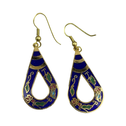 VTG 90S NAVY BLUE GREEN REDN GOLD ENAMEL FLORAL ART DECO TEARDROP EARRINGS ENV9