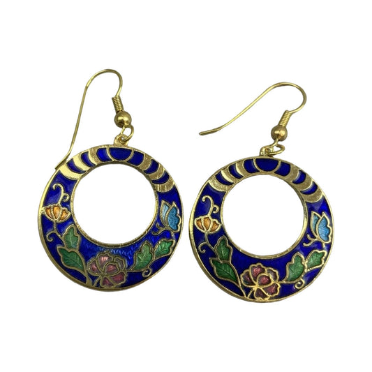 VTG 90S BLUE GOLD GREEN ART DECO FLORAL ENAMEL GEOMETRIC DROP EARRINGS ENV11