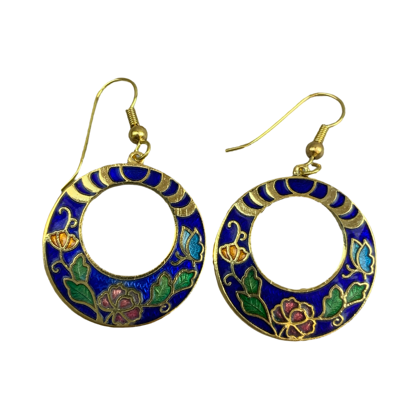 VTG 90S BLUE GOLD GREEN ART DECO FLORAL ENAMEL GEOMETRIC DROP EARRINGS ENV11