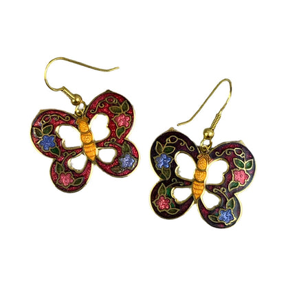VTG 90S RED GOLD BLUE ORANGE ENAMEL ART DECO BUTTERFLY DANGLE EARRINGS ENV14
