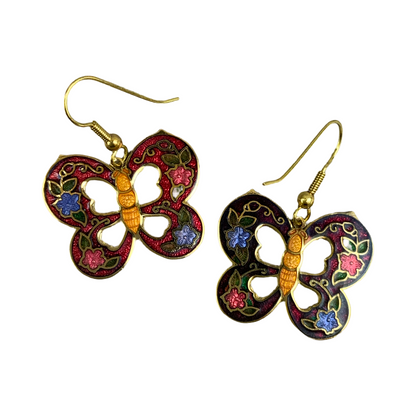 VTG 90S RED GOLD BLUE ORANGE ENAMEL ART DECO BUTTERFLY DANGLE EARRINGS ENV14