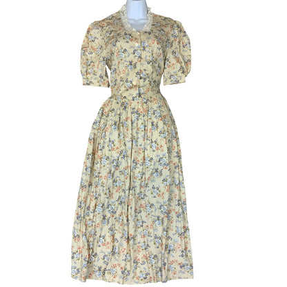 80s 'Laura Ashley' White Blue Red Floral Prairie Cottage Tea Dress UK S 8/10