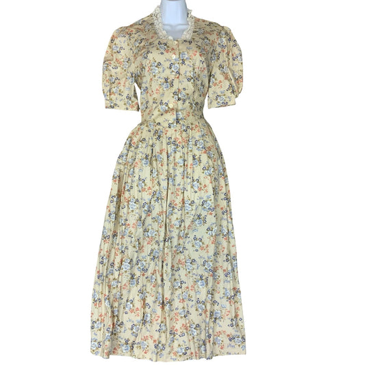 80s 'Laura Ashley' White Blue Red Floral Prairie Cottage Tea Dress UK S 8/10