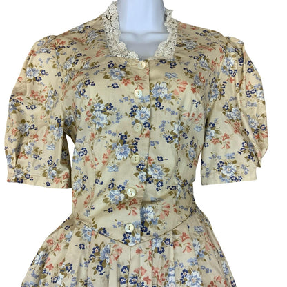 80s 'Laura Ashley' White Blue Red Floral Prairie Cottage Tea Dress UK S 8/10