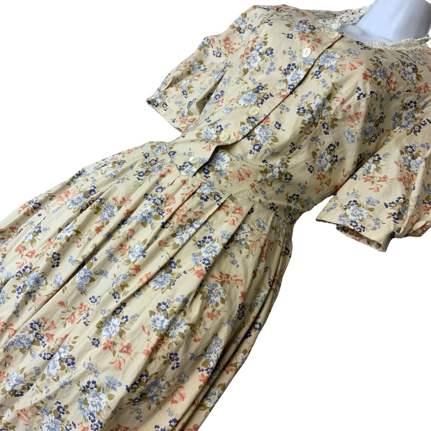 80s 'Laura Ashley' White Blue Red Floral Prairie Cottage Tea Dress UK S 8/10