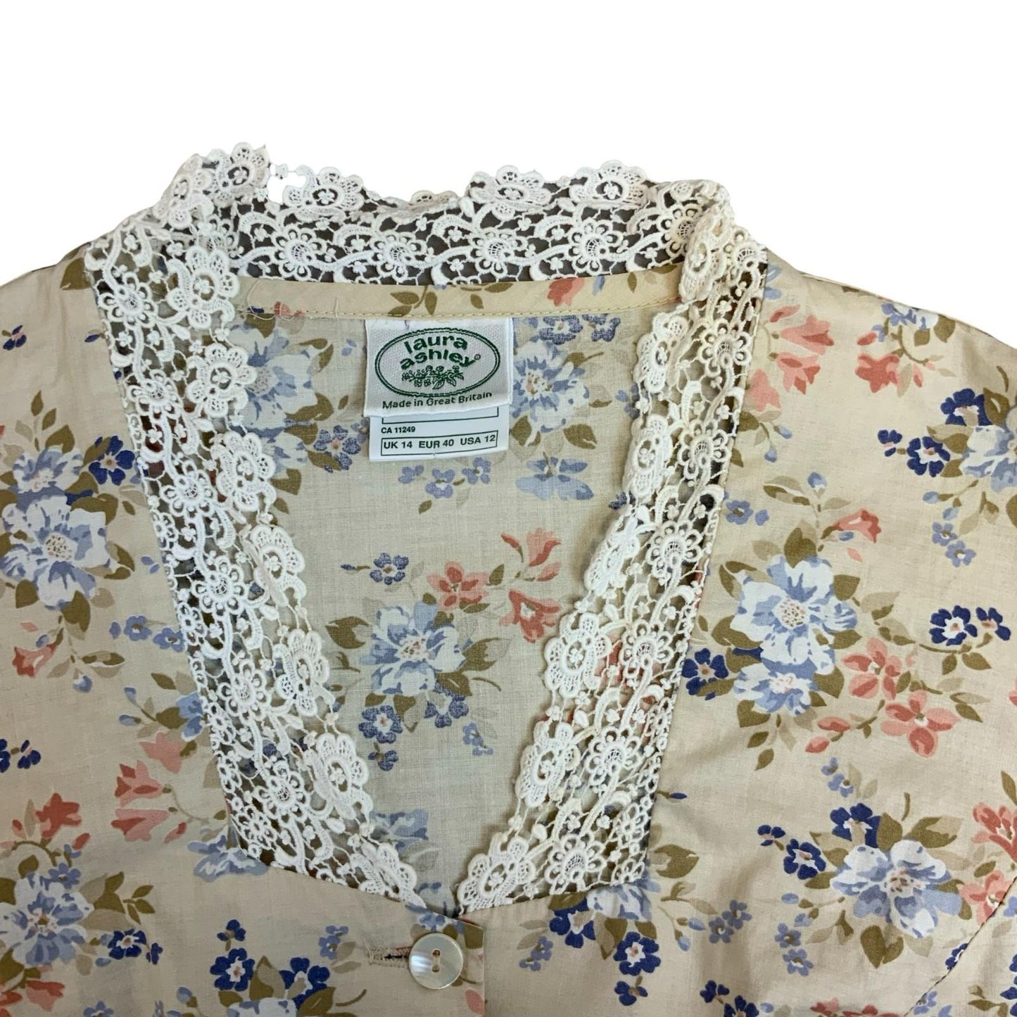 80s 'Laura Ashley' White Blue Red Floral Prairie Cottage Tea Dress UK S 8/10
