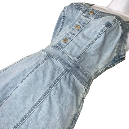 Vtg 90s 'GUESS' Light Wash Blue Denim Sleeveless Bodycon Mini Dress UK XS 4
