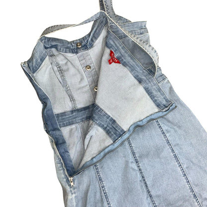 Vtg 90s 'GUESS' Light Wash Blue Denim Sleeveless Bodycon Mini Dress UK XS 4