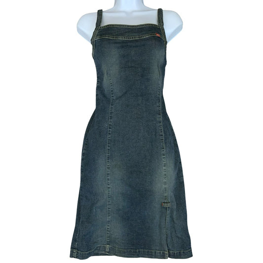 Vtg Y2K 'Miss Sixty' Blue Fitted Sleeveless Strappy Denim Zip-Up Dress UK XS 4