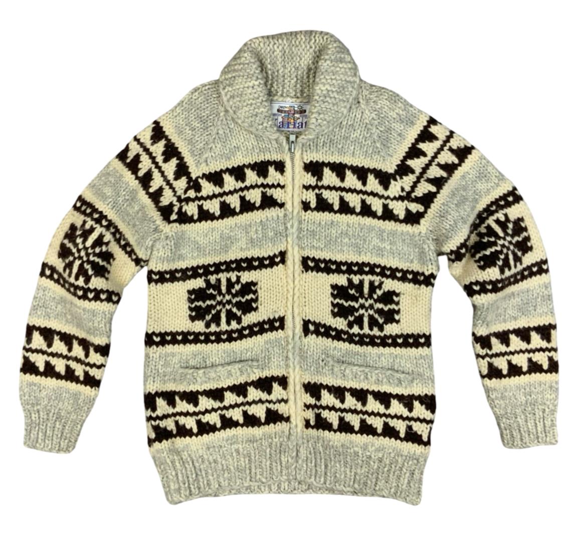 Vtg Wool Hand Knit Traditional Native Canadian Cowichan Cardigan Salish Indian M