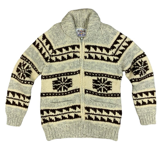 Vtg Wool Hand Knit Traditional Native Canadian Cowichan Cardigan Salish Indian M