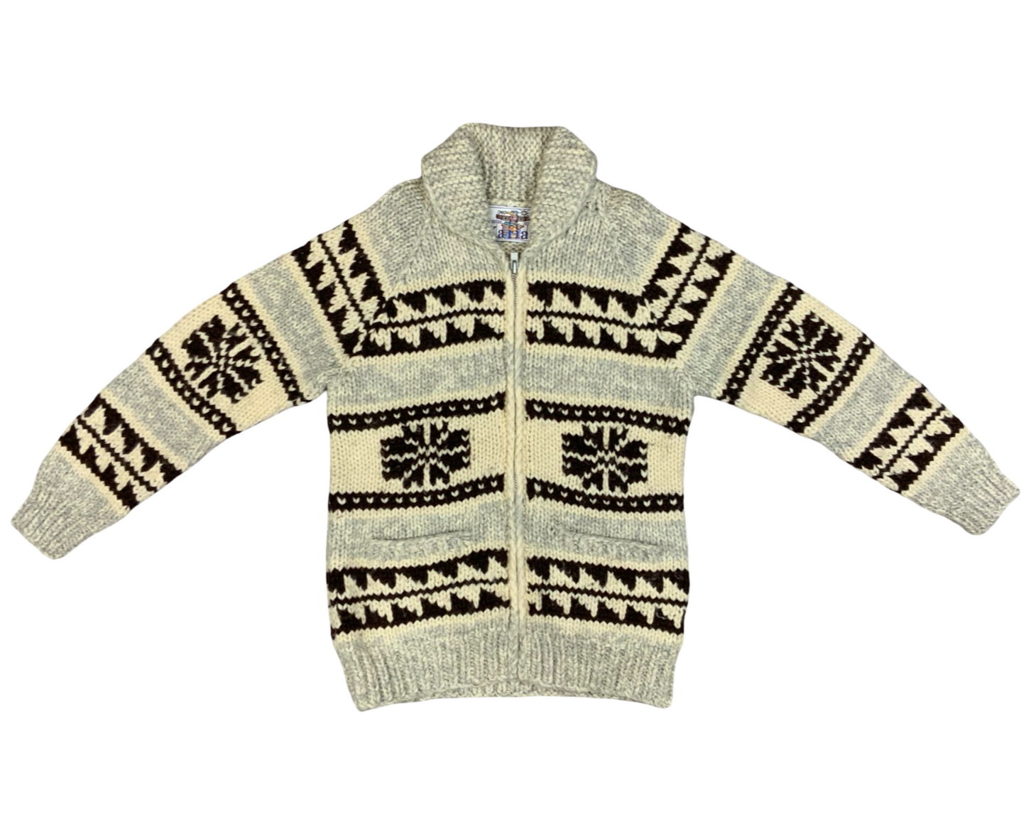 Vtg Wool Hand Knit Traditional Native Canadian Cowichan Cardigan Salish Indian M