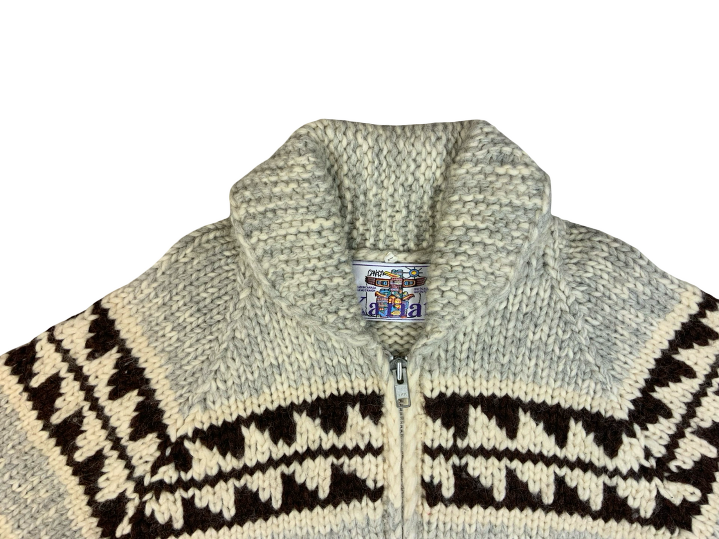 Vtg Wool Hand Knit Traditional Native Canadian Cowichan Cardigan Salish Indian M