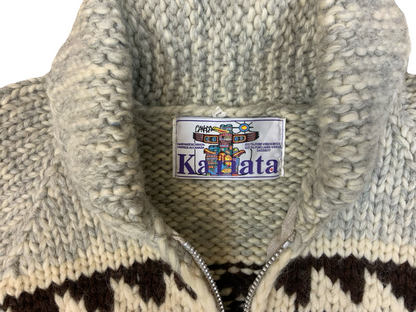 Vtg Wool Hand Knit Traditional Native Canadian Cowichan Cardigan Salish Indian M
