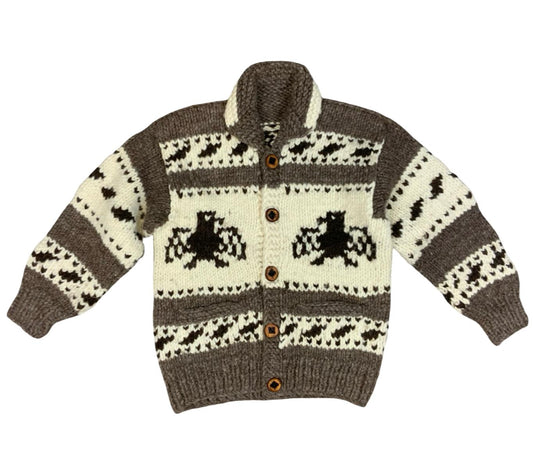 Vtg Wool Hand Knit Traditional Native Canadian Cowichan Cardigan Salish Indian L