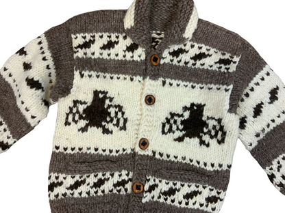 Vtg Wool Hand Knit Traditional Native Canadian Cowichan Cardigan Salish Indian L