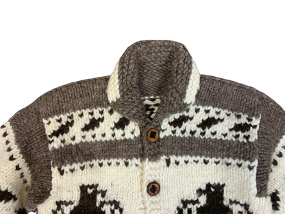 Vtg Wool Hand Knit Traditional Native Canadian Cowichan Cardigan Salish Indian L