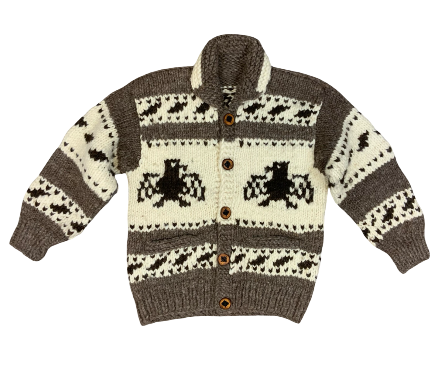 Vtg Wool Hand Knit Traditional Native Canadian Cowichan Cardigan Salish Indian L