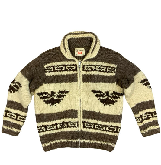 Vtg Wool Hand Knit Traditional Native Canadian Cowichan Cardigan Salish Indian L