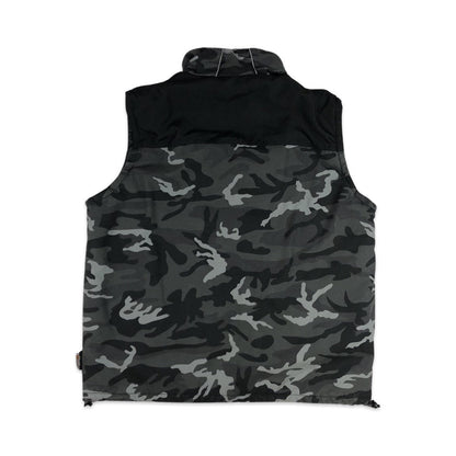 Vintage Black and Grey Camo Utility Pocket Puffer Gilet L XL