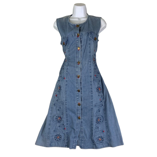 Vintage 90s ‘Apocalypse’ Sleeveless Floral Embroidered Midi Summer Dress M 14 16