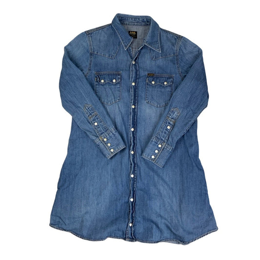 Vintage 90s Y2K Lee Riders Sanforized Union Made Merrier Beams Denim Shirt Dress 10 12 S