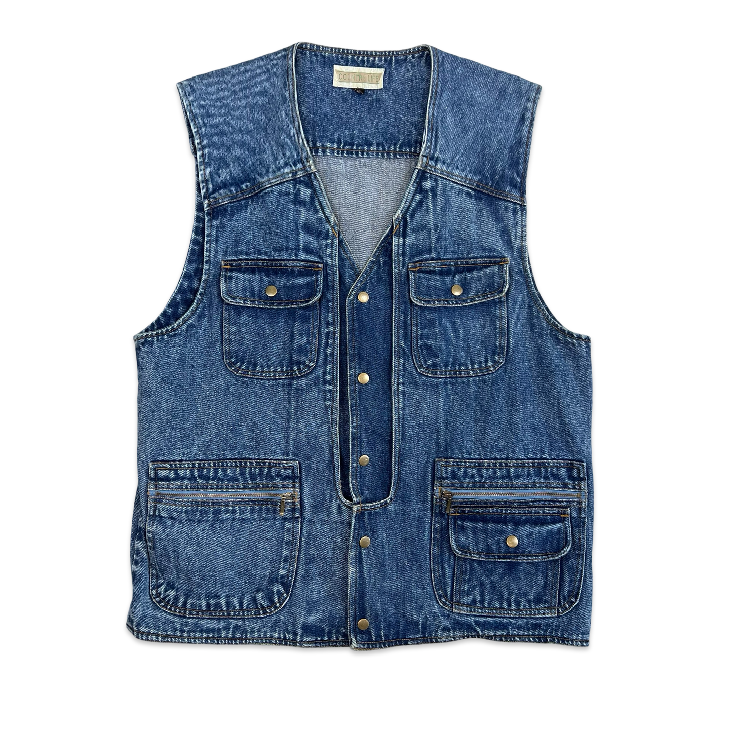 Vintage Acid Wash Blue Denim Utility Vest L
