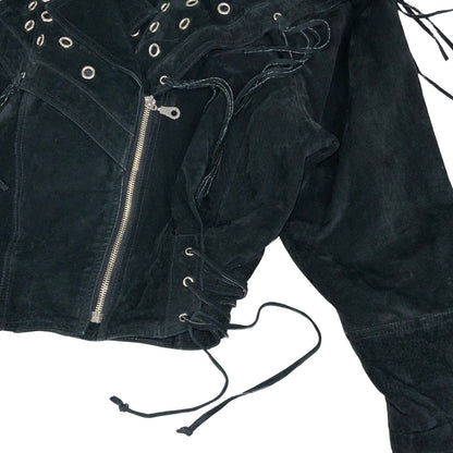 Vintage 90s ‘Yessica’ Black Suede Punk Tassel Studded Leather Jacket 12 14