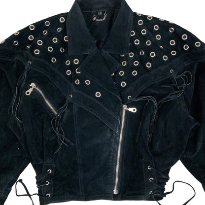 Vintage 90s ‘Yessica’ Black Suede Punk Tassel Studded Leather Jacket 12 14