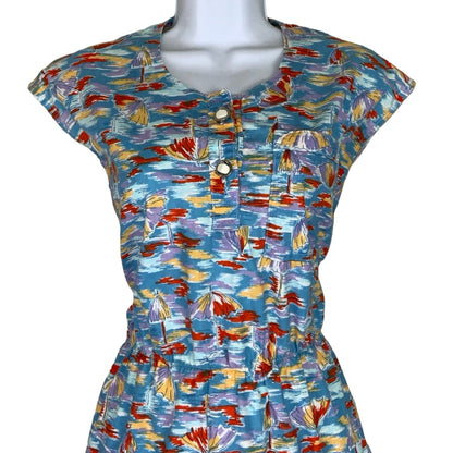 Vintage 80s Sleeveless Blue Yellow White Umbrella Patterned Midi Summer Dress 12 14