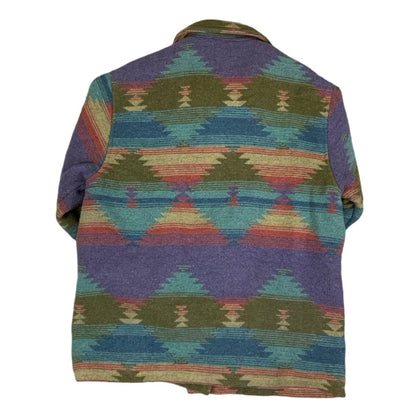 Vintage 90s Native Art Tribal Blue Green Red Aztek Navajo Tapestry Coat L XL