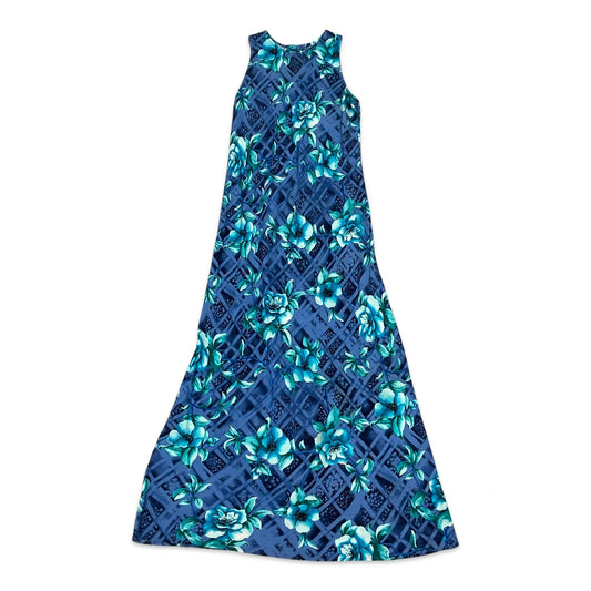 Vintage Blue Floral Maxi Dress 10 12