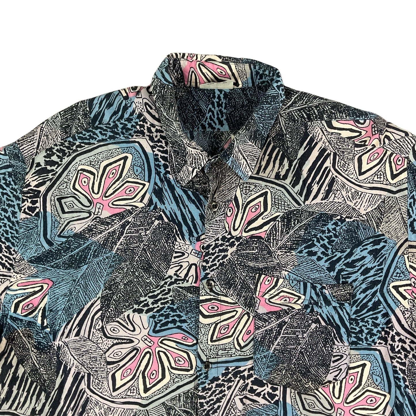 Vintage Black Blue & Pink Jungle Print Short Sleeve Shirt M L