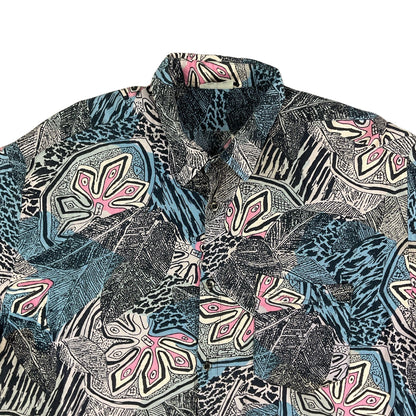 Vintage Black Blue & Pink Jungle Print Short Sleeve Shirt M L