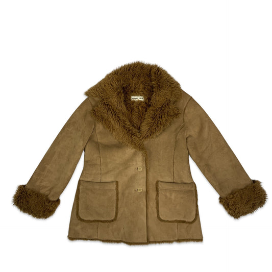 Vintage 90s Brown Shearling Coat with Faux Fur Collar 14 16