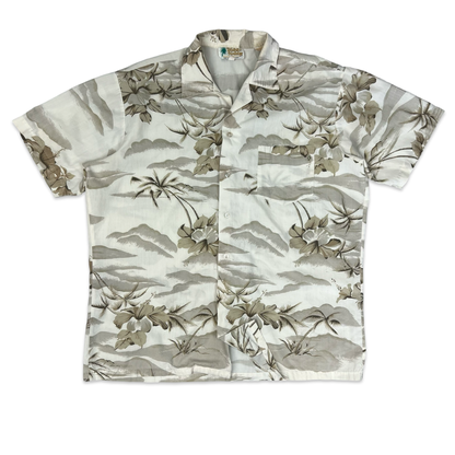 Vintage 70s Beige Botanical Print Aloha Shirt L