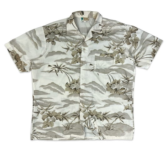 Vintage 70s Beige Botanical Print Aloha Shirt L