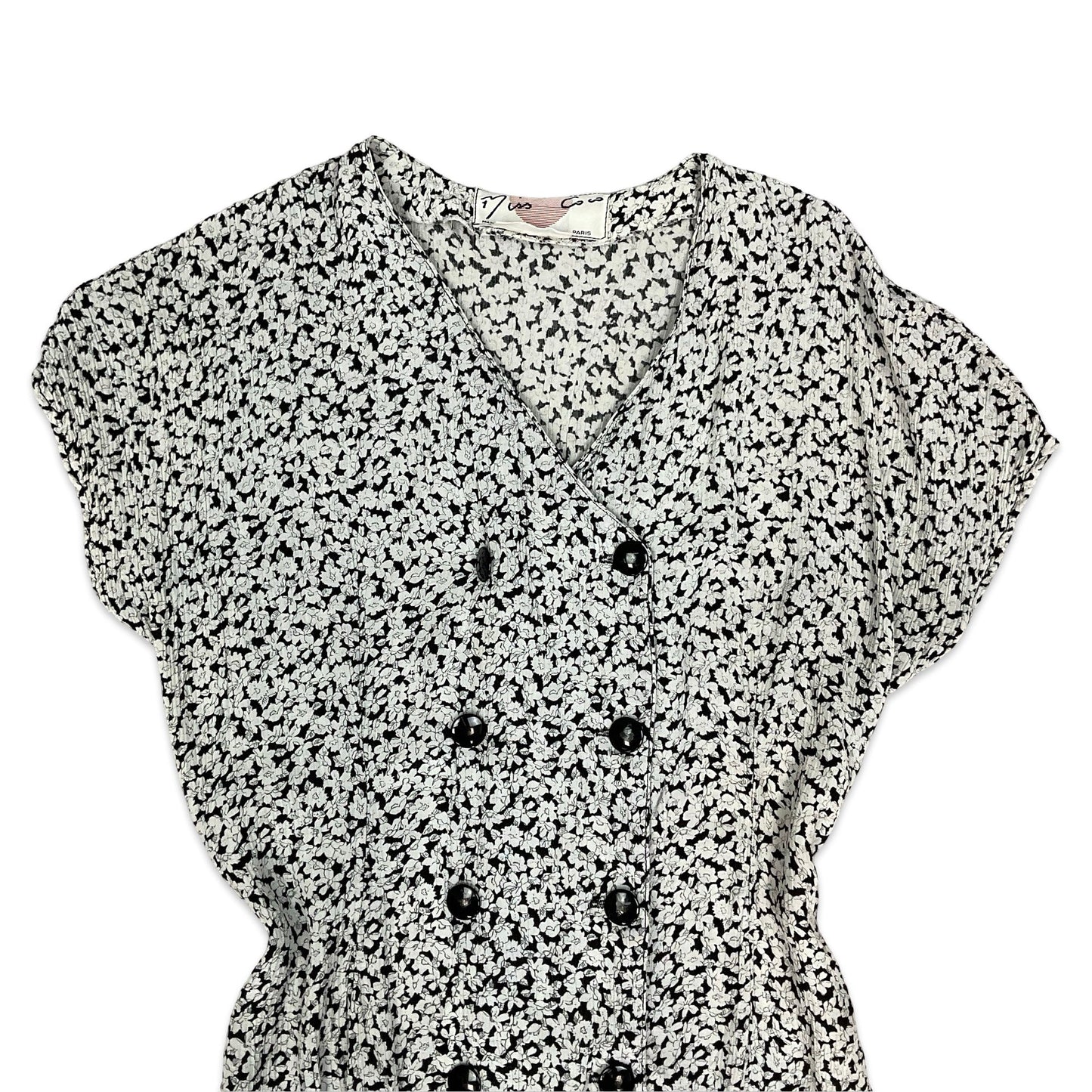Vintage 90s Grunge Black & White Floral Ruffle Drop Waist Mini Dress
