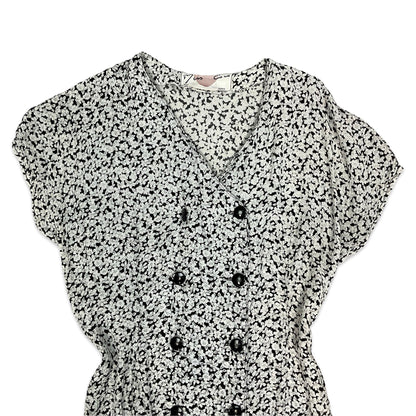 Vintage 90s Grunge Black & White Floral Ruffle Drop Waist Mini Dress