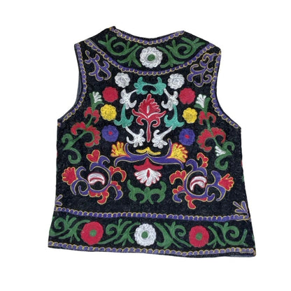 Vintage 90s Red Green White Black Embroidered Tapestry Folk Botanical Waistcoat