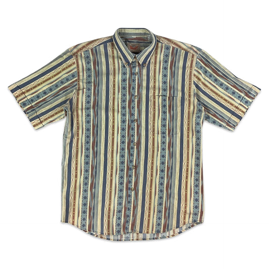 Vintage Yellow Blue & Red Aztec Print Short Sleeve Shirt S M