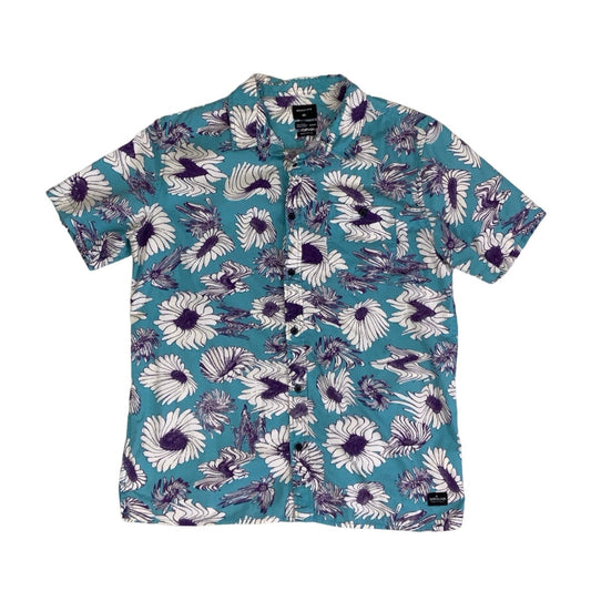 Vintage 90s 'Quicksilver' Blue Purple White Hawaiian Distorted Daisy Short Sleeved Shirt M L