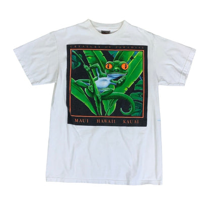 Vintage 90s 'Oneita Power-T' Pre-Shrunk White Gecko Maui Hawaii Kauai Graphic T-Shirt S